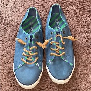 Blue Sperry’s with green accents & brown laces